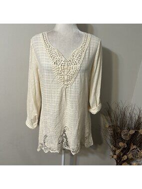 Reba Women Beige Roll Tab Sleeve V-Neck Tunic Top Crochet Accent 100% Cotton M